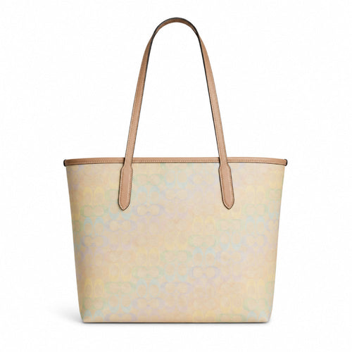 Coach City Tote Bag in Signature Canvas with pastel accents, showcasing spacious interior and stylish design.