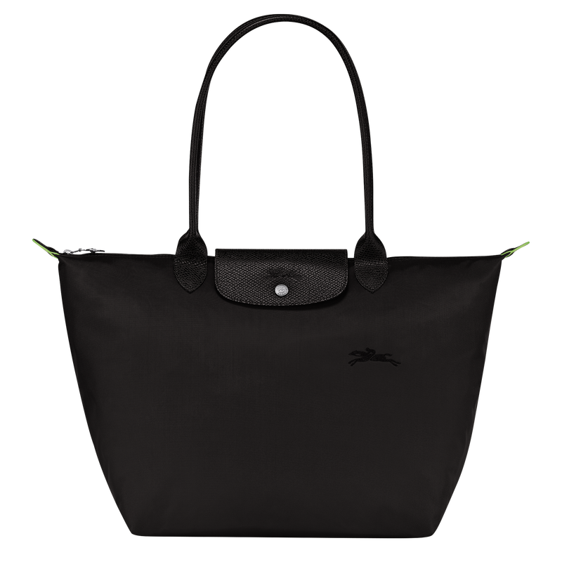 Longchamp Le Pliage Green L tote bag in black leather with handles, showcasing its spacious design and elegant style.