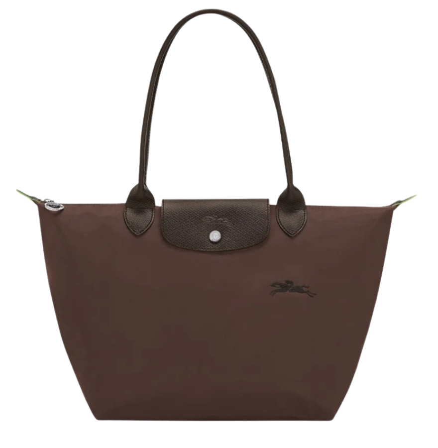 Longchamp Le Pliage Green L Tote bag in mocha color, showing the spacious fabric design and sturdy handles.