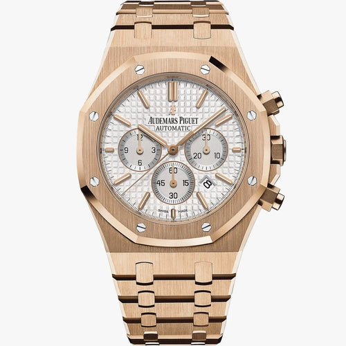 Audemars Piguet Royal Oak men's watch with gold case, black dial, and stainless steel bracelet featuring distinctive octagonal bezel.