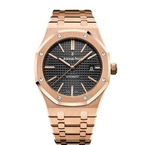 Audemars Piguet Royal Oak men's watch with gold case, black dial, and stainless steel bracelet.