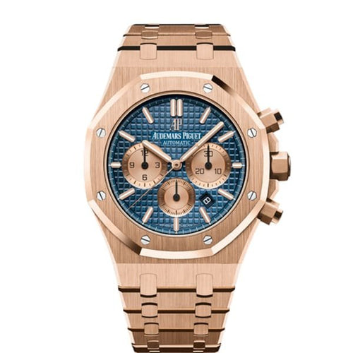 Audemars Piguet Royal Oak men's watch with gold case and bracelet, featuring a dark dial and elegant design.
