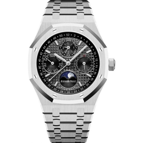 Audemars Piguet Royal Oak men's watch with a gold case and dark dial, showcasing the iconic octagonal bezel and bracelet.