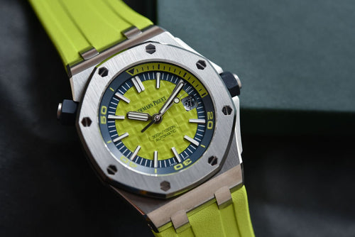 Audemars Piguet Royal Oak Offshore men's watch with stainless steel case, black dial, and sporty design.