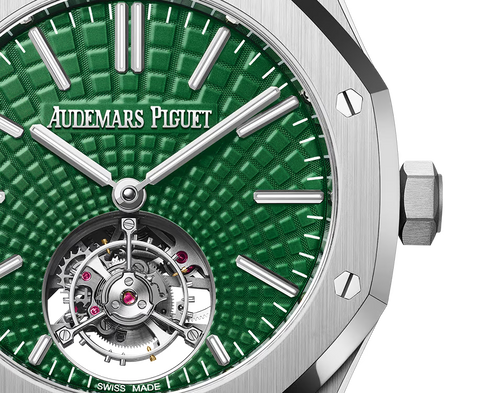 Audemars Piguet Royal Oak Tourbillon men's watch with titanium case and black dial, showcasing intricate tourbillon movement.