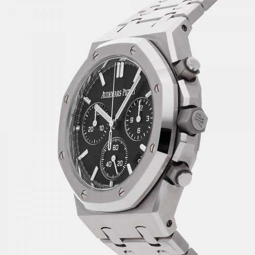 Audemars Piguet Royal Oak men's watch with stainless steel case and bracelet, featuring a silver dial and octagonal bezel.