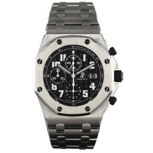 Audemars Piguet Royal Oak Offshore men's watch with titanium case, black dial, and sporty design.