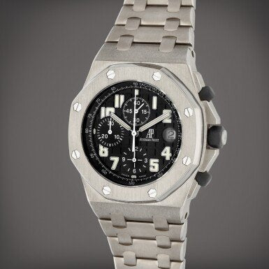 Audemars Piguet Royal Oak Offshore men's watch with titanium case, black dial, and sporty design.
