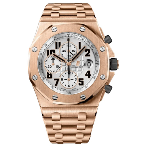 Audemars Piguet Royal Oak Offshore men's watch with a stainless steel case and black dial, featuring chronograph subdials.