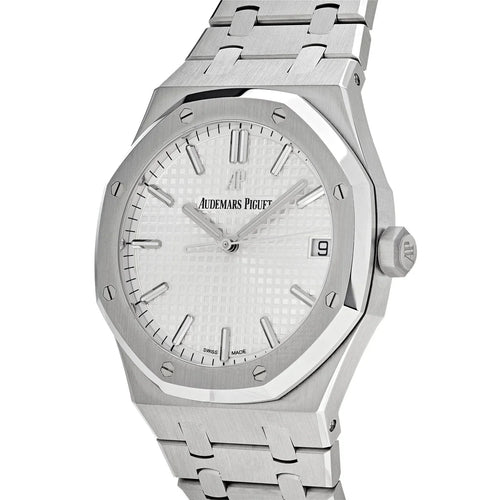 Audemars Piguet Royal Oak men's watch with stainless steel case, black dial, and distinctive octagonal bezel.