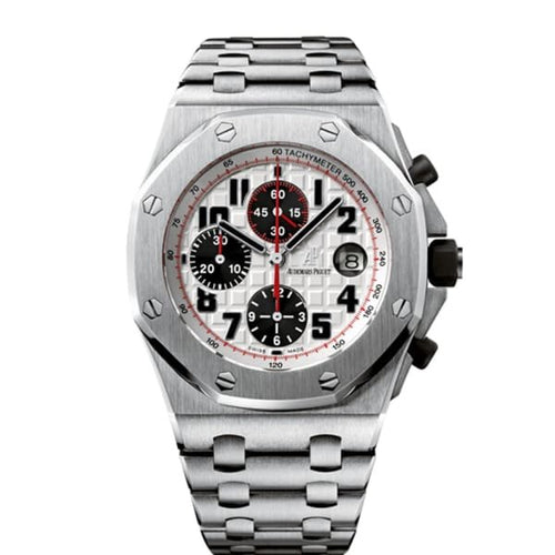 Audemars Piguet Royal Oak Offshore men's watch with stainless steel case, black dial, and sporty design.