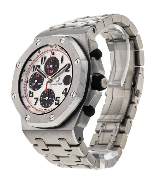 Audemars Piguet Royal Oak Offshore men's watch with stainless steel case, black dial, and sporty design.