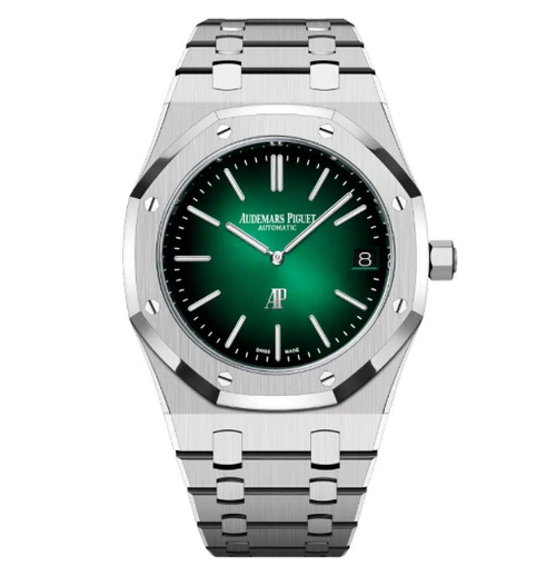 Audemars Piguet Royal Oak men's watch with stainless steel case and blue dial, featuring a sleek, modern design.