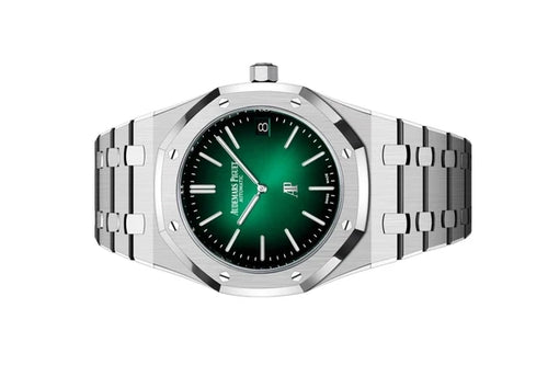Audemars Piguet Royal Oak men's watch with stainless steel case, silver dial, and integrated bracelet.