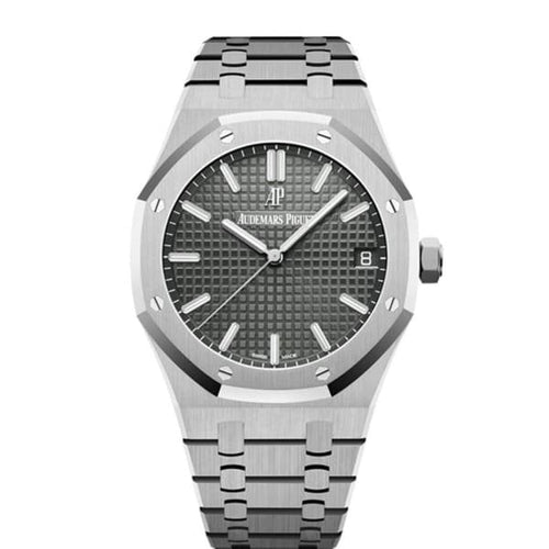 Audemars Piguet Royal Oak men's watch with stainless steel case, silver dial, and iconic octagonal bezel.