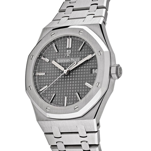Audemars Piguet Royal Oak men's watch with stainless steel case and black dial, featuring a luxury timepiece design.