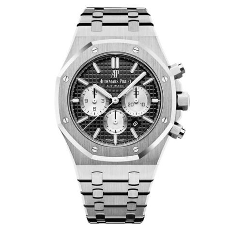 Audemars Piguet Royal Oak men's watch with stainless steel case and silver dial, featuring a date display and iconic octagonal bezel.