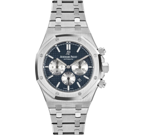 Audemars Piguet Royal Oak men's watch with stainless steel case, silver dial, and integrated bracelet.