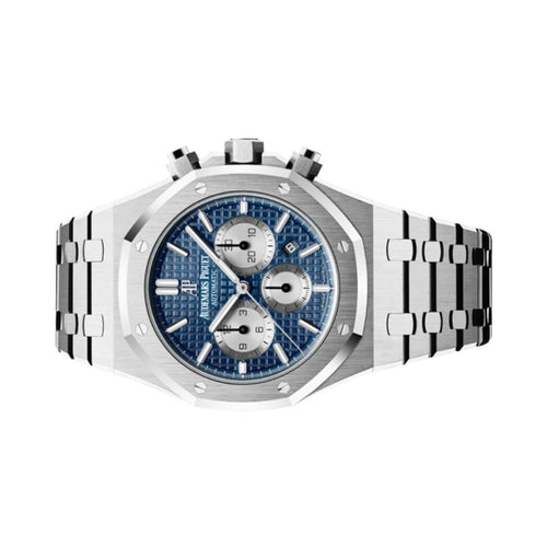 Audemars Piguet Royal Oak men's watch with stainless steel case and silver dial, featuring a date window and octagonal bezel.