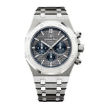 Audemars Piguet Royal Oak men's watch with stainless steel case, silver dial, and integrated bracelet on a white background.