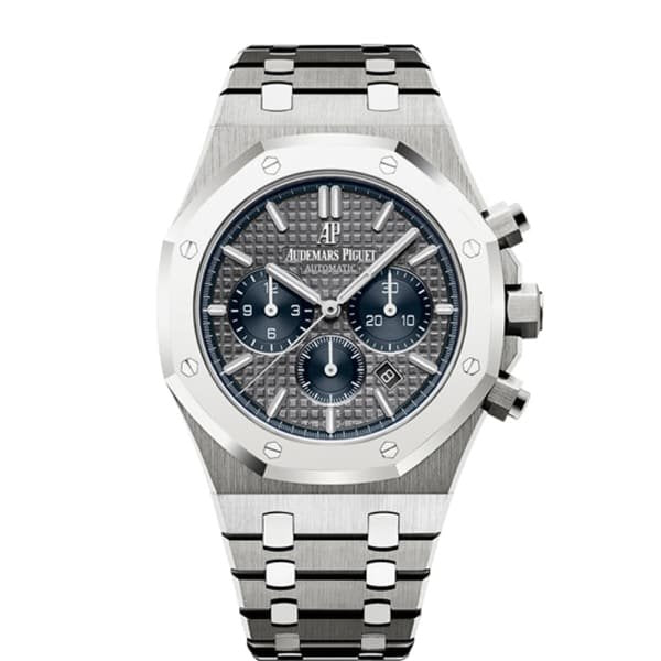 Audemars Piguet Royal Oak men's watch with stainless steel case, silver dial, and integrated bracelet on a white background.