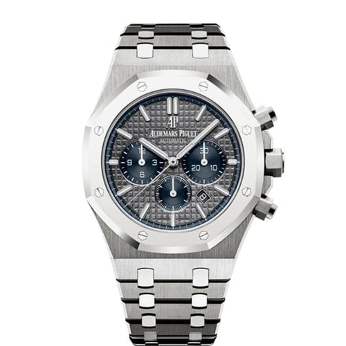 Audemars Piguet Royal Oak men's watch with stainless steel case, silver dial, and integrated bracelet on a white background.