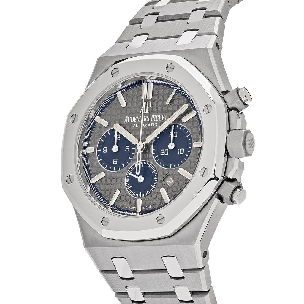 Audemars Piguet Royal Oak men's watch with stainless steel case and blue dial, showcasing a luxury timepiece with intricate details.