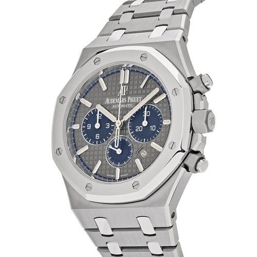 Audemars Piguet Royal Oak men's watch with stainless steel case and blue dial, showcasing a luxury timepiece with intricate details.