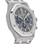 Audemars Piguet Royal Oak men's watch with stainless steel case and silver dial, featuring a date display and octagonal bezel.