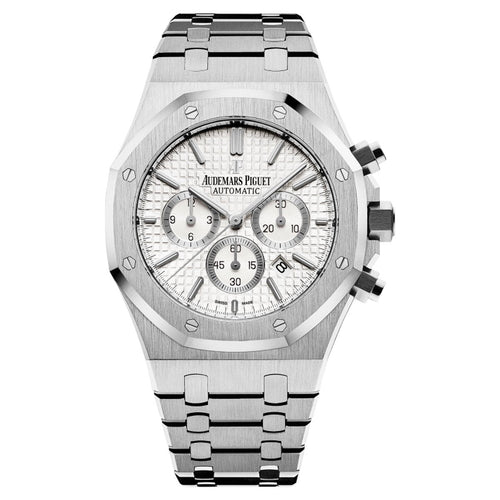 Audemars Piguet Royal Oak men's watch with stainless steel case, silver dial, and integrated bracelet.