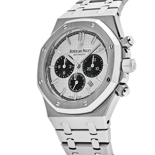 Audemars Piguet Royal Oak men's watch with stainless steel case and bracelet, featuring a dark dial and octagonal bezel.