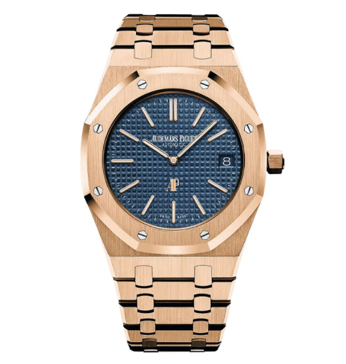 Audemars Piguet Royal Oak men's watch with gold case, white dial, and stainless steel bracelet, showcasing luxury watch design.