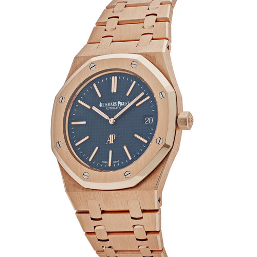 Audemars Piguet Royal Oak men's watch with gold case, octagonal bezel, and stainless steel bracelet, displayed on a white background.