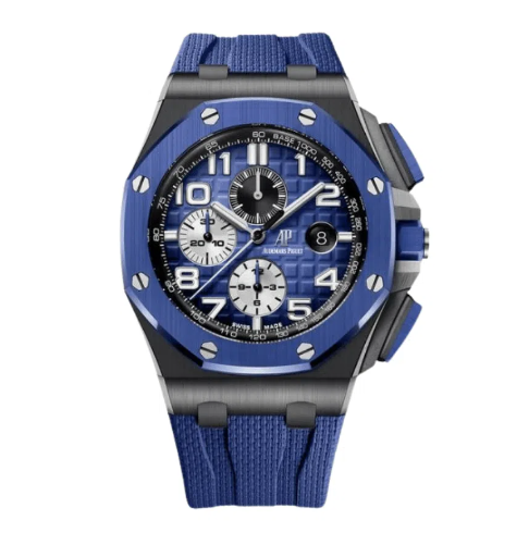Audemars Piguet Royal Oak Offshore men's watch with black dial, stainless steel case, and sporty design.