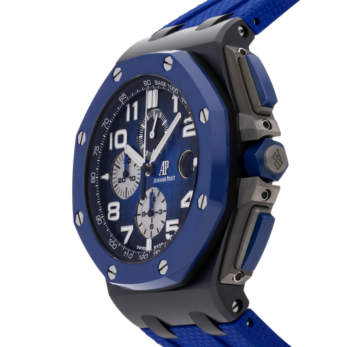 Audemars Piguet Royal Oak Offshore men's watch with black dial, stainless steel case, and rubber strap.