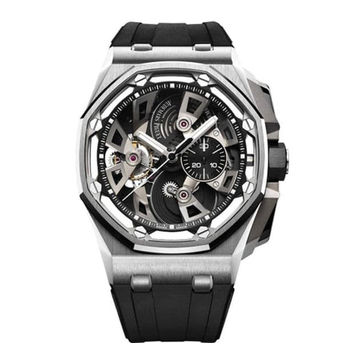 Audemars Piguet Royal Oak Offshore men's watch with stainless steel case, black dial, and sporty design.