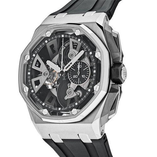 Audemars Piguet Royal Oak Offshore men's watch with stainless steel case, black dial, and sporty design.