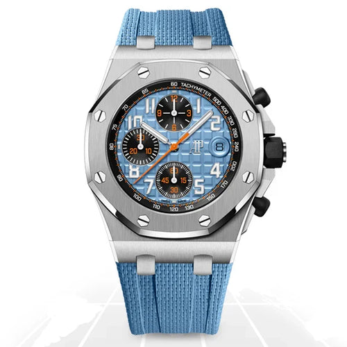 Audemars Piguet Royal Oak Offshore men's watch with stainless steel case, black dial, and sporty design.