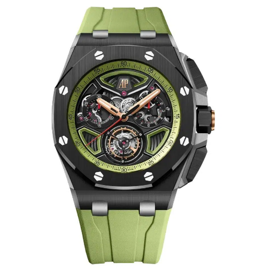 Audemars Piguet Royal Oak Offshore men's watch with stainless steel case and black dial, featuring chronograph functions.