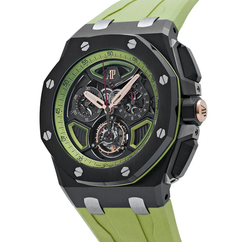 Audemars Piguet Royal Oak Offshore men's watch with stainless steel case, black dial, and signature octagonal bezel.