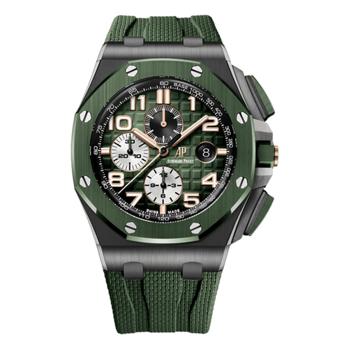 Audemars Piguet Royal Oak Offshore men's watch with stainless steel case, black dial, and sporty design.