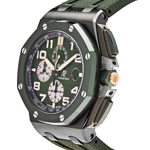Audemars Piguet Royal Oak Offshore men's watch with a stainless steel case and black dial featuring chronograph subdials.