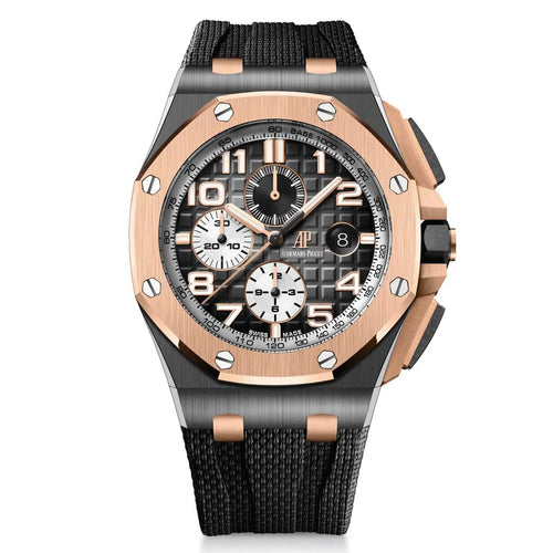 Audemars Piguet Royal Oak Offshore men's watch with black dial, stainless steel case, and sporty design.