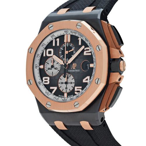 Audemars Piguet Royal Oak Offshore men's watch with stainless steel case, black dial, and sporty chronograph features.