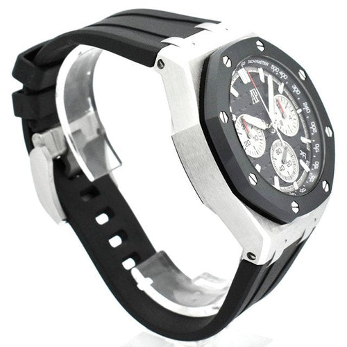 Audemars Piguet Royal Oak Offshore men's watch with stainless steel case, black dial, and sporty design.
