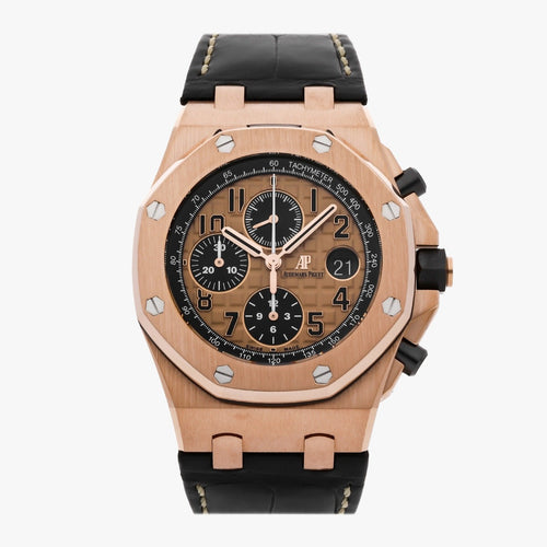 Audemars Piguet Royal Oak Offshore men's watch with a wine-colored dial, stainless steel case, and chronograph features.