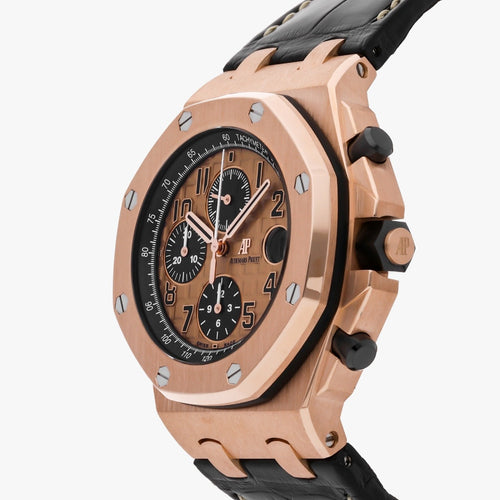 Audemars Piguet Royal Oak Offshore men's watch with rose gold case, black dial, and sporty design.