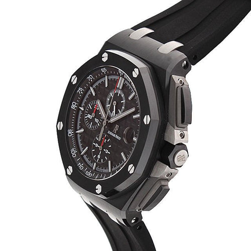 Audemars Piguet Royal Oak Offshore men's watch with stainless steel case, black dial, and sporty design.