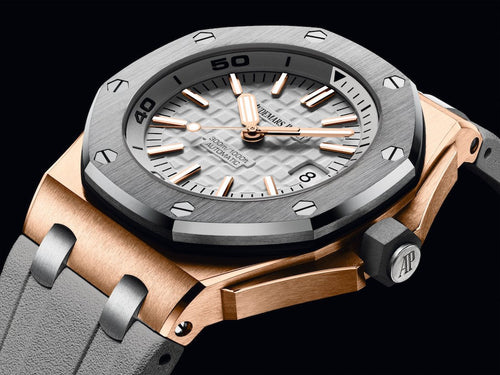 Audemars Piguet Royal Oak Offshore men's watch with stainless steel case, black dial, and rubber strap.