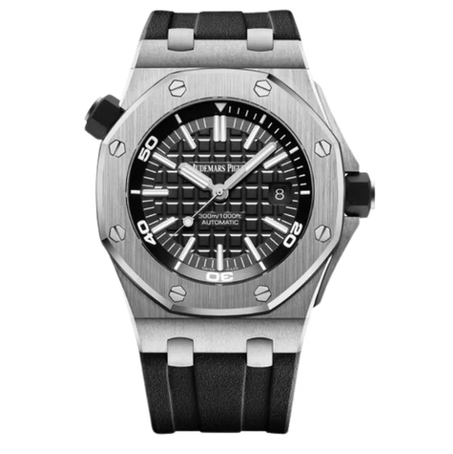 Audemars Piguet Royal Oak Offshore men's watch with stainless steel case and black dial, featuring sporty chronograph design.
